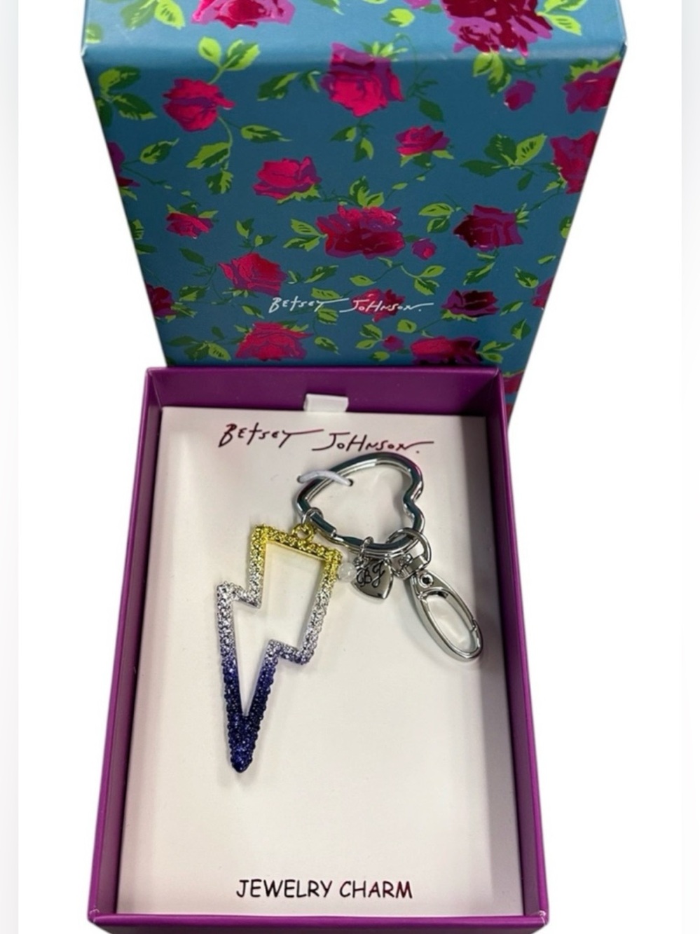 Betsey Johnson Ombré Rhinestone Lightning Bolt Bag Charm & 🩷 Keychain, NWT, Box